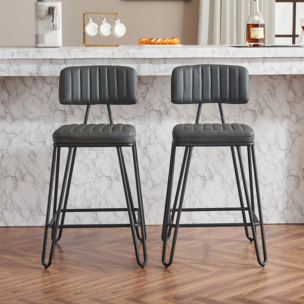English Elm Industrial Bar Stools Set of 2 — Counter Height PU Leather Seats, Sturdy Metal Frame, Ergonomic Backrest and Footrest for Kitchen Island and Home Bar Grey W1901P264278