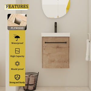 English Elm 18'' Floating Wall-Mounted Bathroom Vanity with Ceramic Sink, Soft-Close Door & Space-Saving Design Imitative Oak W999P236339
