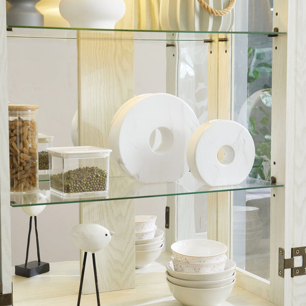 English Elm Lighted Glass Curio Display Cabinet with Quiet Hinge, Internal LED Lighting, Adjustable Shelves, Vintage Carved Handle Antique White W2275P199812