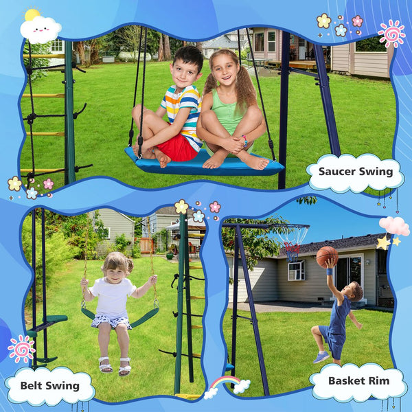 English Elm 6 Activity Steel A-frame Backyard Swing Set with Hammock Glider Climbing Net Hoop W1408P367264