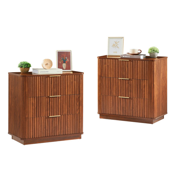 English Elm 3 Drawer Walnut Dresser Set with Curved Wave Corners, Waterproof Top, Modern Nightstands for Bedroom W1820P337284