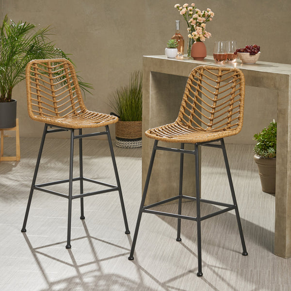 English Elm Christopher Knight Home® - Sawtelle Hand-Wrapped Faux Rattan Barstools Set of 2 — Metal Frame, Modern Minimal Outdoor Chic Light Brown 65481.00LBRN