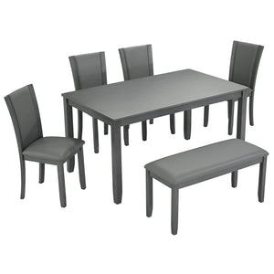 English Elm 6-Piece Modern Dining Table Set For 6 - Stylish Grey Wooden Table, Bench & Upholstered Chairs W1998S00066