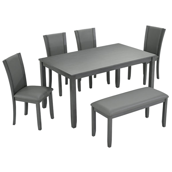 English Elm 6-Piece Modern Dining Table Set For 6 - Stylish Grey Wooden Table, Bench & Upholstered Chairs W1998S00066