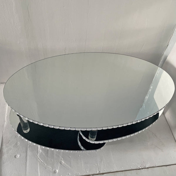 English Elm Silver Mirrored Oval Coffee Table Crystal Trim Acrylic Legs Glam Living Room Decor W3836P382489