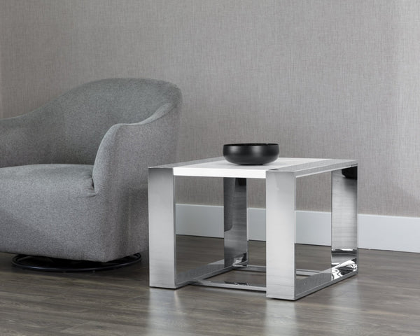 Sunpan DALTON Modern End Table - High-Gloss White Top & Polished Stainless Steel Frame - Stylish & Durable 101649