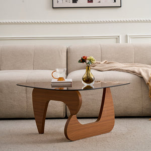 English Elm Glass Top Coffee Table Tempered Surface Oak Wood Base Mid-century Modern Living Room Brown W1718P452048