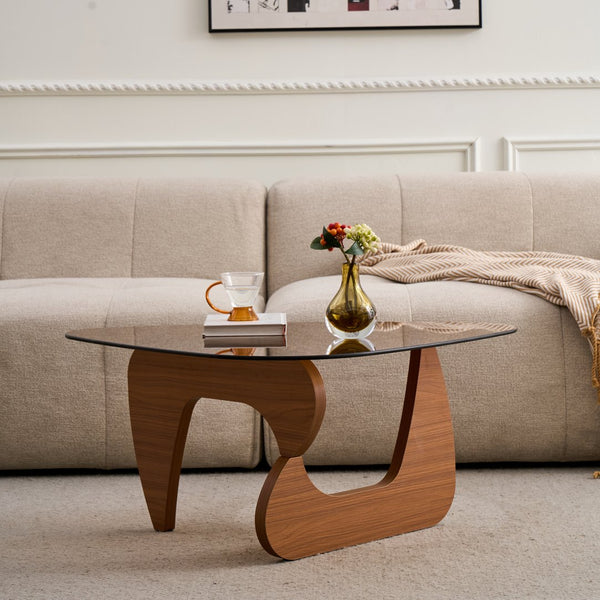 English Elm Glass Top Coffee Table Tempered Surface Oak Wood Base Mid-century Modern Living Room Brown W1718P452048
