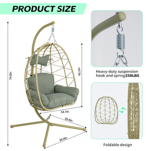 English Elm Hanging Egg Chair Wicker Swing with Stand Cushion Patio Balcony Ergonomic Cradle T5880P497574