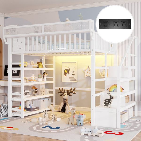 English Elm Full Metal Loft Bed with Stair Storage Rgb Lighting and Charging Station for Teens White W2580S00075
