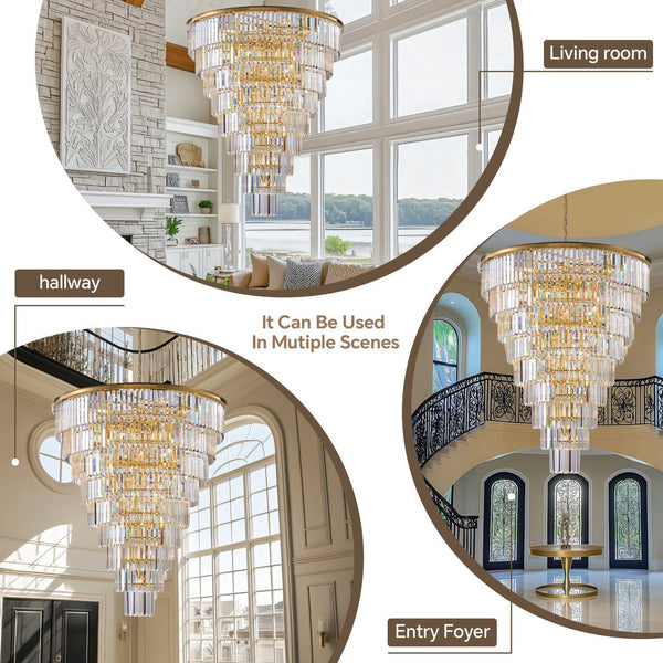 English Elm 48-Inch Gold Tiered Crystal Chandelier — 45-Light E12, 580 Crystal Rods, Mirror Finish, Dramatic Foyer Statement W2869S00030