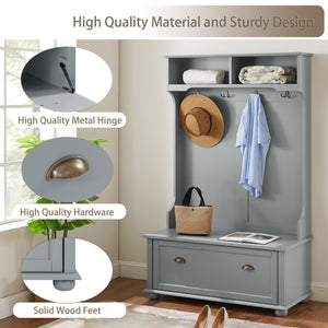 English Elm Modern Classic Hall Tree with Solid Poplar Feet, Double Hooks, Shoe Bench & Antique Hardware Organizer Gray W2275P210039