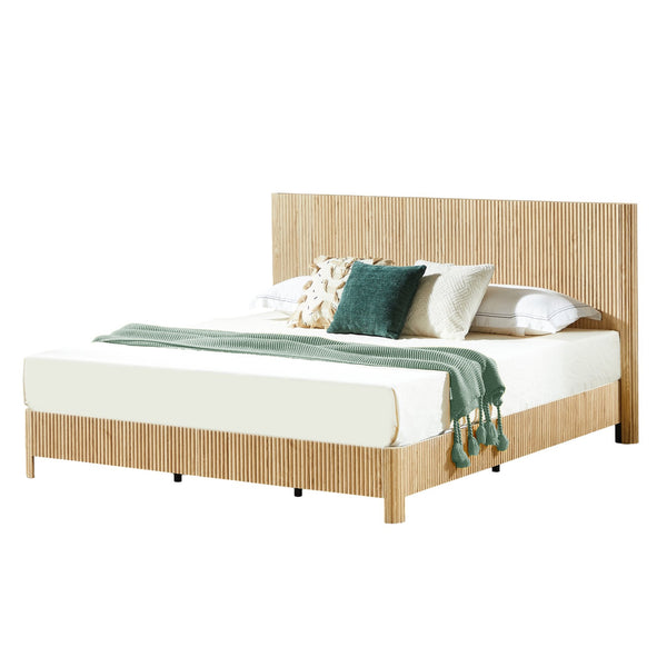 English Elm Queen Bed Frame with Led Lighting Curved Groove Panels and Floating Base Modern Bedroom W1820S00067
