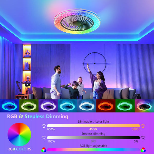 English Elm 23 Inch Bladeless Flush Mount Ceiling Fan Rgb Light Ring Copper Motor Low Profile W1340P461541