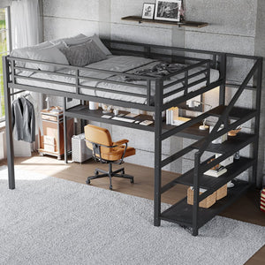 English Elm Twin Xl Metal Loft Bed with Stair Storage Shelves Sturdy Steel Frame for Dorms W1580S00434