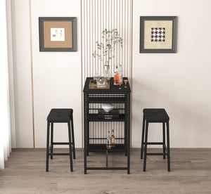 English Elm Dining Table Set for 2 with 3-Tier Storage Shelves, Counter Height PU Leather Stools, Space-Saving Black W2129P297195