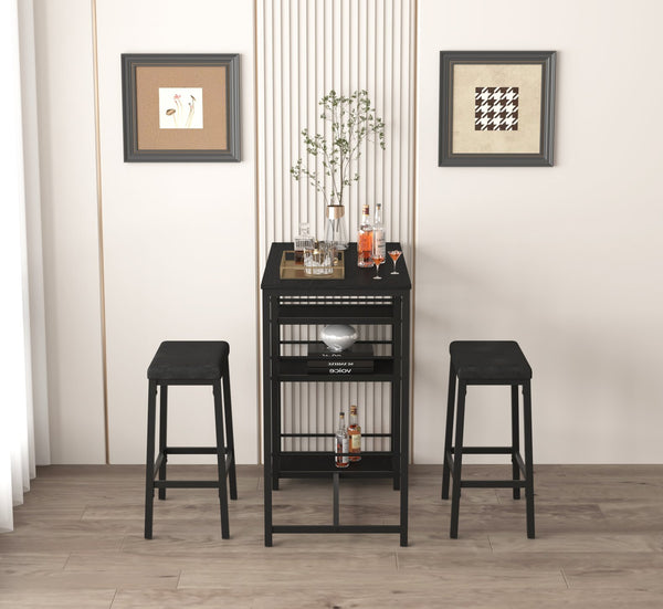 English Elm Dining Table Set for 2 with 3-Tier Storage Shelves, Counter Height PU Leather Stools, Space-Saving Black W2129P297195