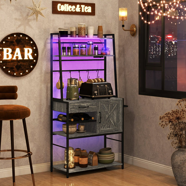 English Elm HOMCOM Bakers Rack with LED RGB Lights, Built-In Outlets & USB, Wine Rack, Drawer, Industrial Charm Gray W2225P217366