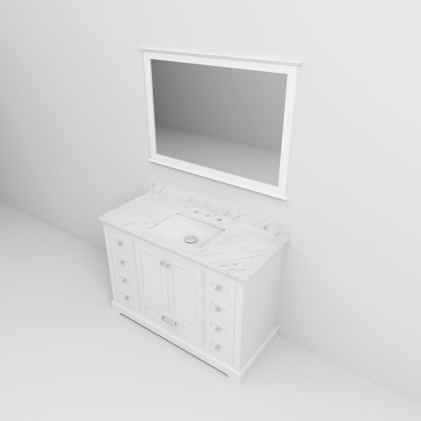 English Elm White Single Bath Vanity 48 in. W x 22 in. D with Carrara Marble Top, 9 Drawers, Soft-Close, Mirror Included B2731S00648