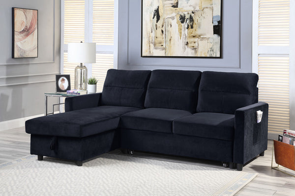 English Elm Iride Velvet Sleeper Sectional with Reversible Storage Chaise for Compact Living Rooms Black B2749S00196