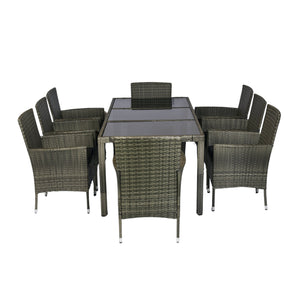 English Elm 9 Piece Outdoor Wicker Dining Set - Grey PE Rattan, Tempered Glass Table, Black Cushions, Rust‑Free Frame W329S00052