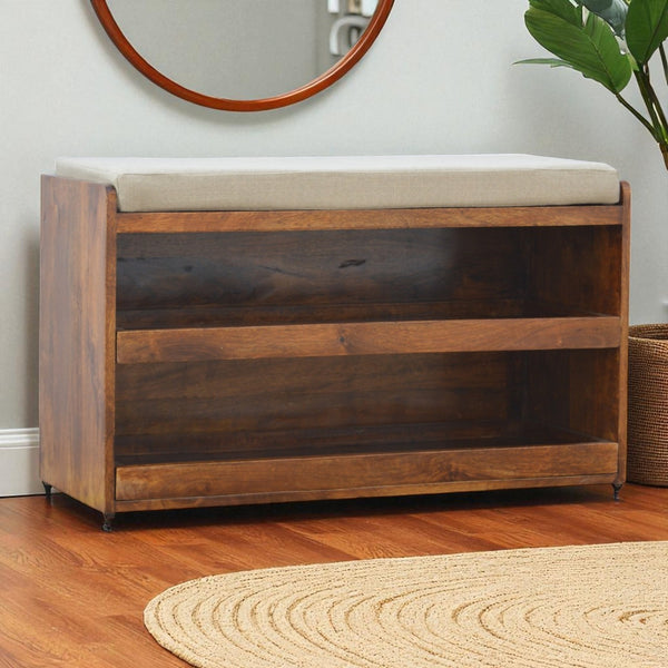 English Elm Mud Linen Pull-Out Shoe Bench With 2 Shelves For Stylish Storage And Seating In Chestnut Finish B182P166490