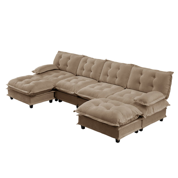 English Elm 138" U-shaped Chenille Cloud Sectional with Ottomans Deep Seat Modular Living Room Sofa Light Coffee W714S01716