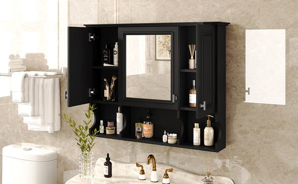 English Elm 35'' Modern Wall-Mounted Medicine Cabinet with Mirror, Hidden Storage and Open Shelves for Bath Black N710P209443B