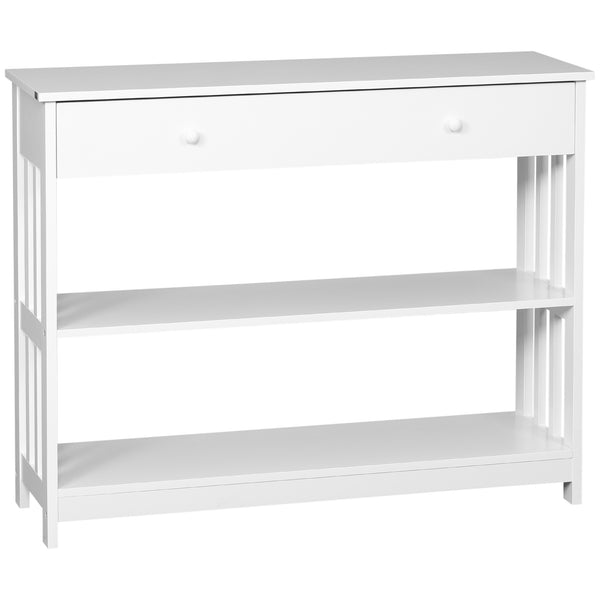 English Elm HOMCOM Narrow Console Table with Extra Wide Drawer, Slatted Frame, 2 Open Shelves & Anti-Tip Safety White W2225P249591