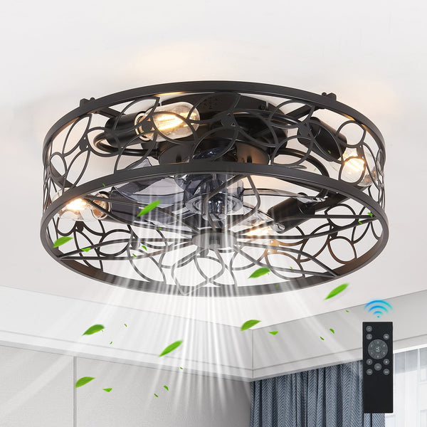 English Elm 18-inch Vintage Caged Ceiling Fan Light with Remote, Quiet DC Motor, Industrial Farmhouse Fixture Black W1340P246414