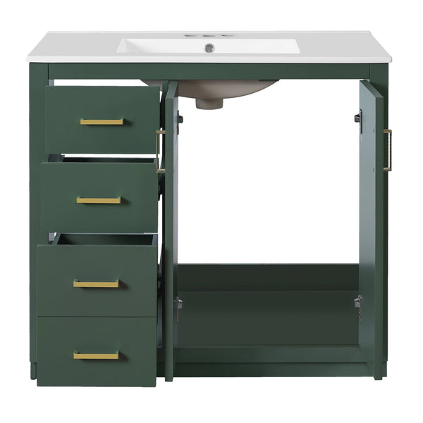 English Elm 36'' Bathroom Vanity with Ceramic Sink Combo, Solid Wood Frame, Soft-Close Drawers and Stylish Retro Groove Design Green N710P291684F
