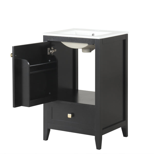 English Elm 20" Modern Bathroom Vanity With Ceramic Sink, Soft-Close Door, Drawer & Storage Rack In Black Finish N725P185452B