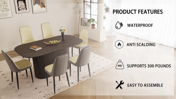 English Elm 63 Inch Mdf Dining Table Set with Six Pu Upholstered Chairs and Black Metal Legs Beige+Brown,Grey W2189S00864