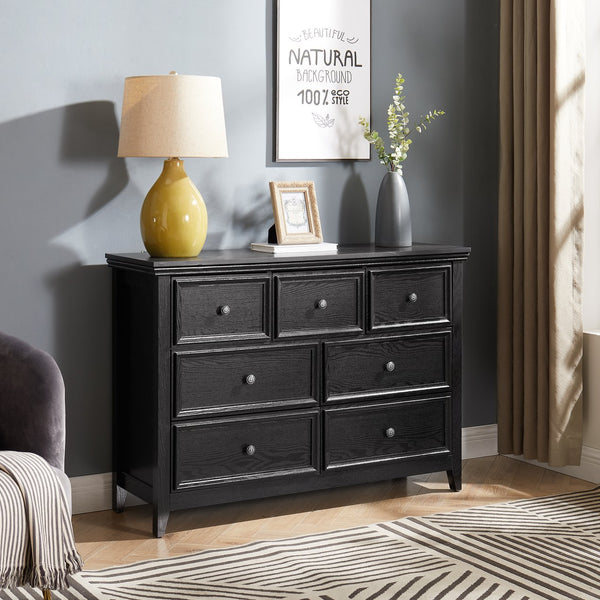 English Elm Modern 7 Drawers Dresser with Unique Feet, Smooth Glide Drawers and Metal Handles for Stylish Storage Black W2275P149785
