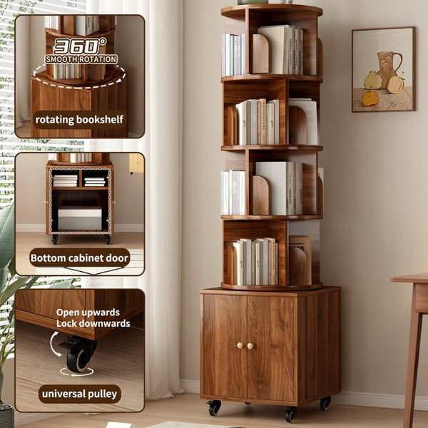 English Elm Rotating 360° Corner Bookshelf - 5-Tier Compact Storage Rack With Drawer For Small Spaces, Walnut W2641P329220-GIGA