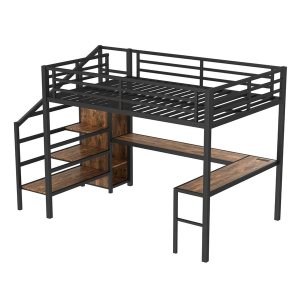English Elm Queen Size Loft Bed With L-Shaped Desk, Usb Ports & Led Light - Modern Metal Frame For Stylish Spaces W1580S00180-GIGA
