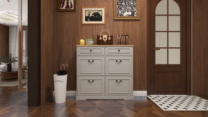 English Elm Shoe Storage Cabinet - Stylish Antique White Organizer With 4 Flip Drawers & Adjustable Shelf For Entryway W1120P290633-GIGA