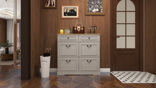 English Elm Shoe Storage Cabinet - Stylish Antique White Organizer With 4 Flip Drawers & Adjustable Shelf For Entryway W1120P290633-GIGA