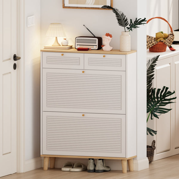 English Elm Shoes Storage Cabinet Slim Flip Door Entryway Organizer with Natural Wood Legs 16 Pairs W3166P266365