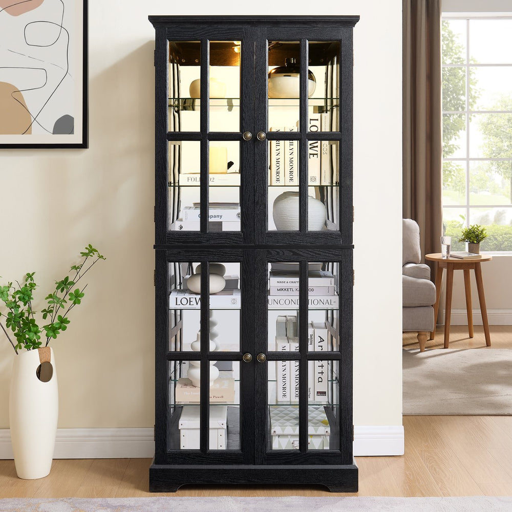 English Elm Curio Black Glass Cabinet with Cherry Finish, Adjustable Shelves, Vintage Lattice Doors & E26 Bulb Included W2275P300144