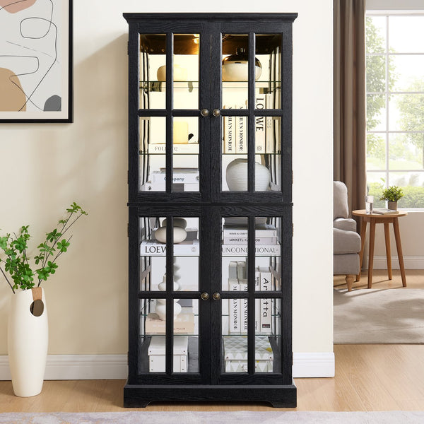 English Elm Curio Black Glass Cabinet with Cherry Finish, Adjustable Shelves, Vintage Lattice Doors & E26 Bulb Included W2275P300144