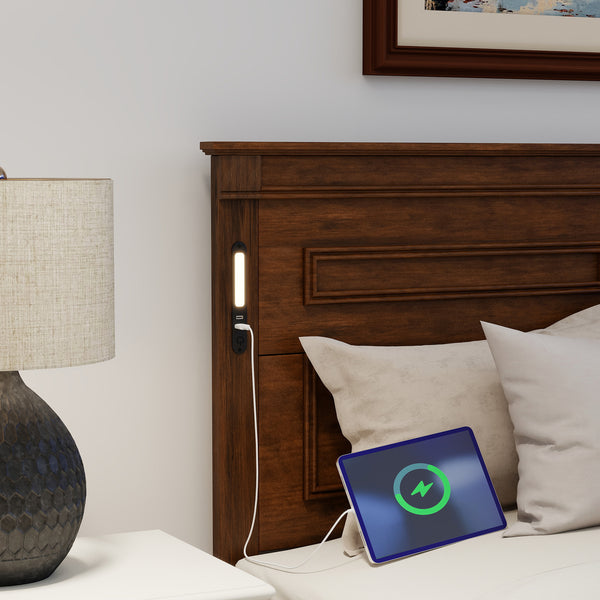 English Elm Queen Farmhouse Pinewood Storage Bed with Led Lighting Usb Charging and Panel Headboard Walnut W504P391016