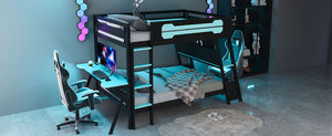 English Elm Full Size Gaming Bunk Bed with Dual Desks Usb Charging Ports and Pegboard Storage Blue LT000274AAC