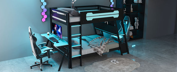 English Elm Full Size Gaming Bunk Bed with Dual Desks Usb Charging Ports and Pegboard Storage Blue LT000274AAC