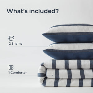 English Elm 3-piece Yarn-dyed Woven Stripe Comforter Set with Seersucker Texture for Full Queen Beds Blue B035P463219