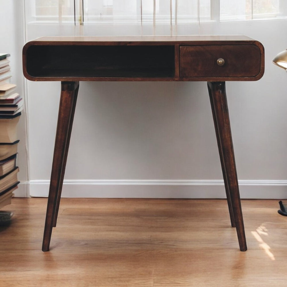 English Elm Solid Wood Curved Writing Desk In California Walnut - 1 Drawer, Open Slot, Nordic Legs, Dark Brown B182P279257-GIGA