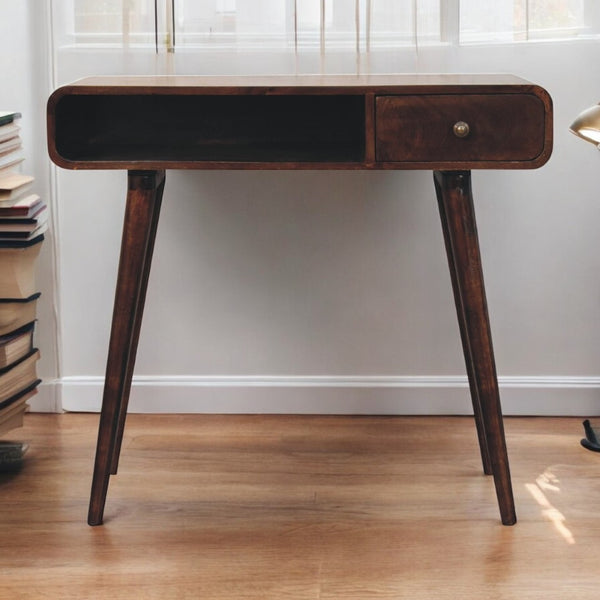 English Elm Solid Wood Curved Writing Desk In California Walnut - 1 Drawer, Open Slot, Nordic Legs, Dark Brown B182P279257-GIGA