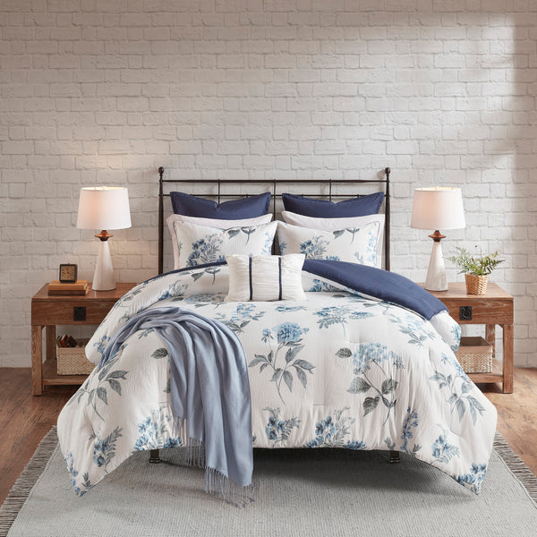 English Elm 7 Seersucker Comforter Set with Floral Print, Euro Shams, Decorative Pillow & Throw Blanket, Full/Queen Blue 16.93 L x 13.39 W x 8.66 H B03597122
