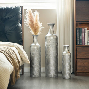 English Elm Silver Metal Floor Vase Trio Etched Wave Pattern Tall Cylinder Set for Modern Decor W2796P386873