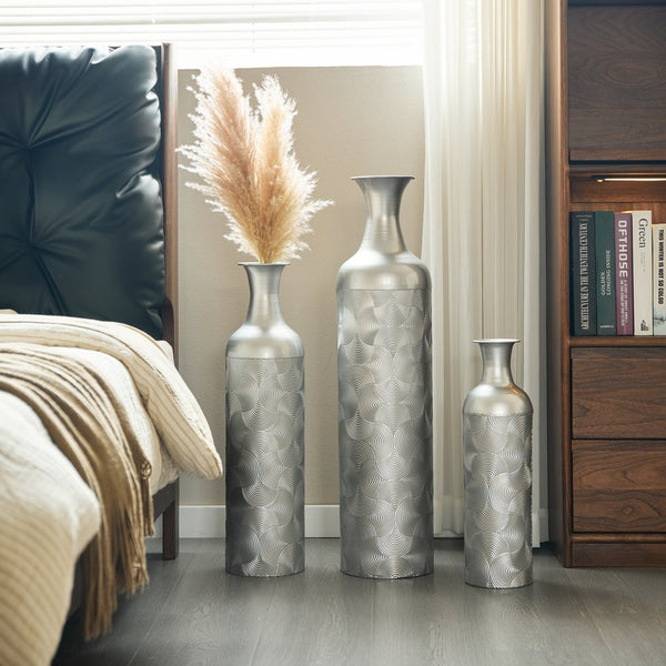 English Elm Silver Metal Floor Vase Trio Etched Wave Pattern Tall Cylinder Set for Modern Decor W2796P386873